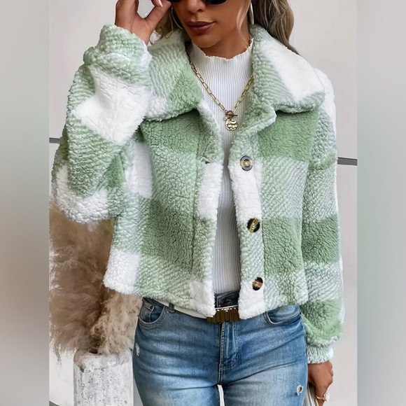 New Teddy Plaid Mint Green White Coat Button Front Long Sleeve Outerwear NWT - Picture 3 of 13